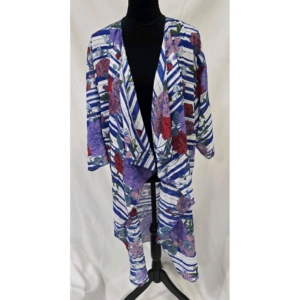 LulaRoe women L Shirley kimono stripes floral chiffon cottagecore resort wear